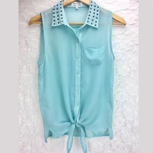 Monteau Aqua Blue Sheer Studded Top Front Tie